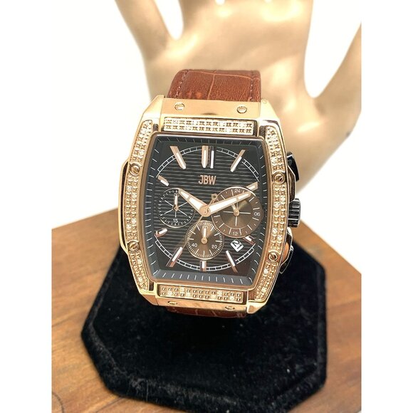 JBW Men's Watch J6379D Echelon Diamond Quartz Black Dial Rose Gold Brown Leather - Picture 1 of 15